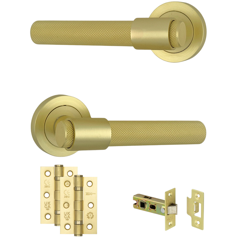 AXS Hardware Dakota Satin Brass Knurled Latch Door Handles on Rose 2 Pack Image 1