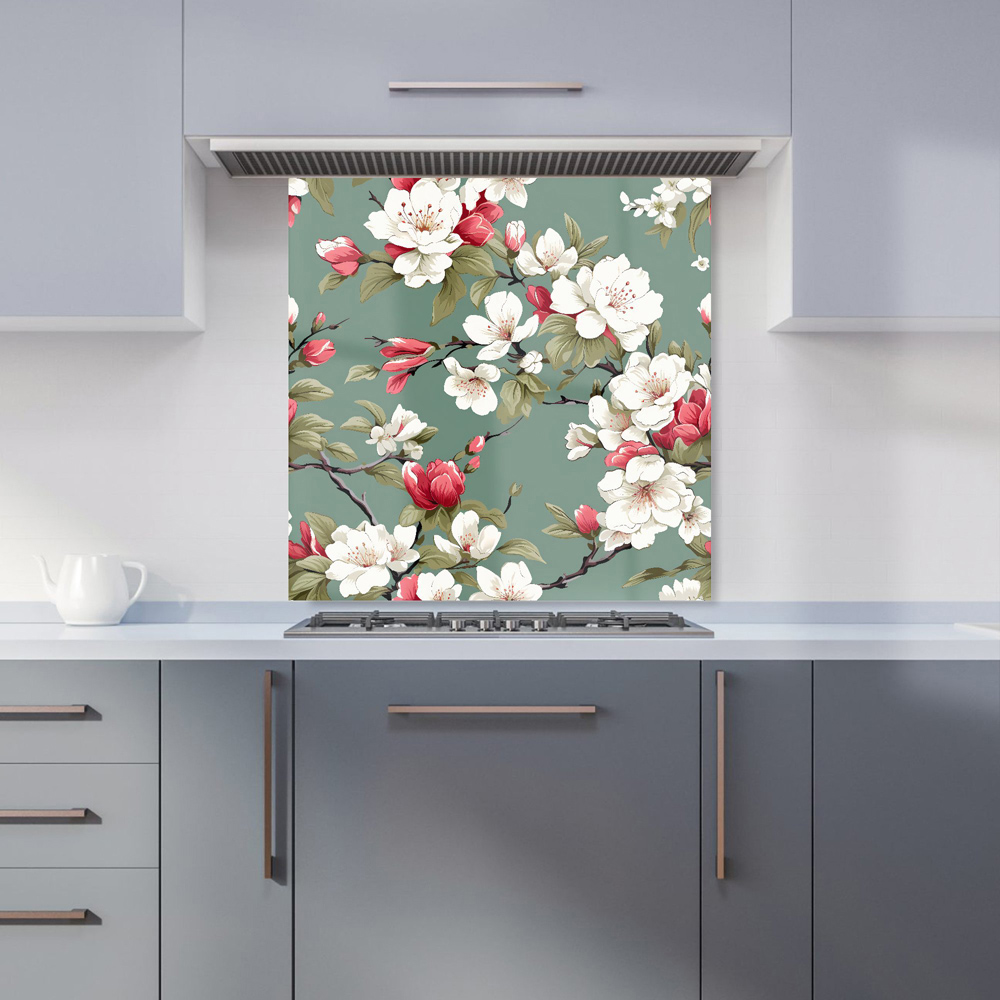 Warren Reed Designer Pink And White Blossom Glass Kitchen Splashback 60 x 60cm Image 1