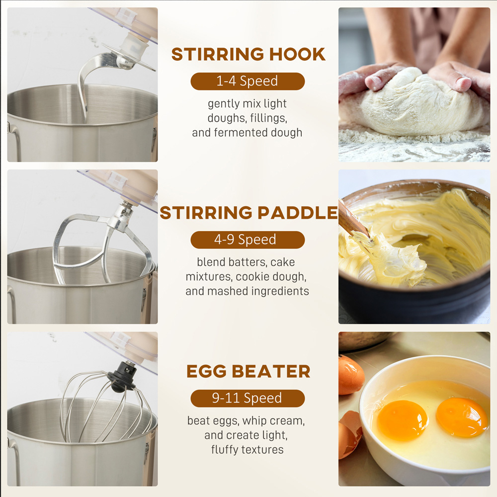 HOMCOM 800-296V70CW 11 Speed Cream 6L Stand Mixer 1400W Image 7