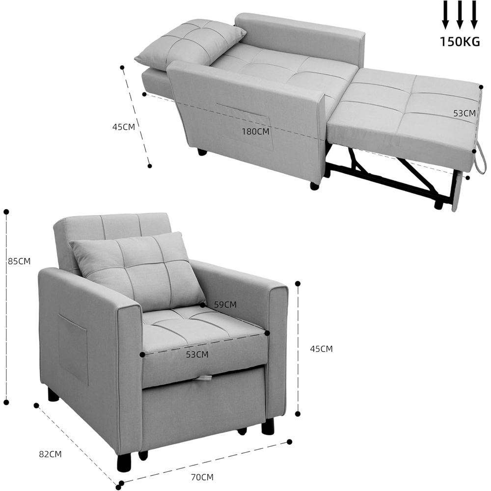 Alivio Singel Seater 3-in-1 Light Grey Convertible Sofa Bed Chair Image 9