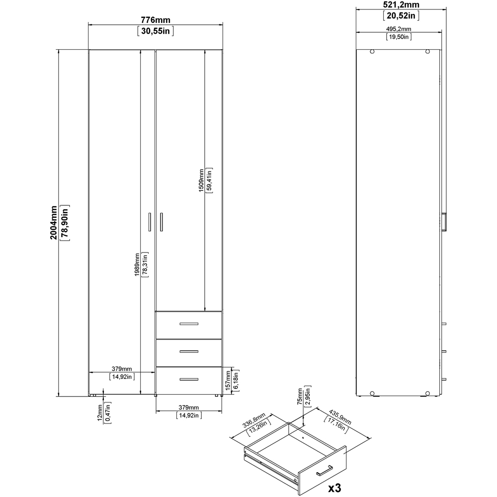 Florence 3 Drawer 2 Door White Space Wardrobe Image 9