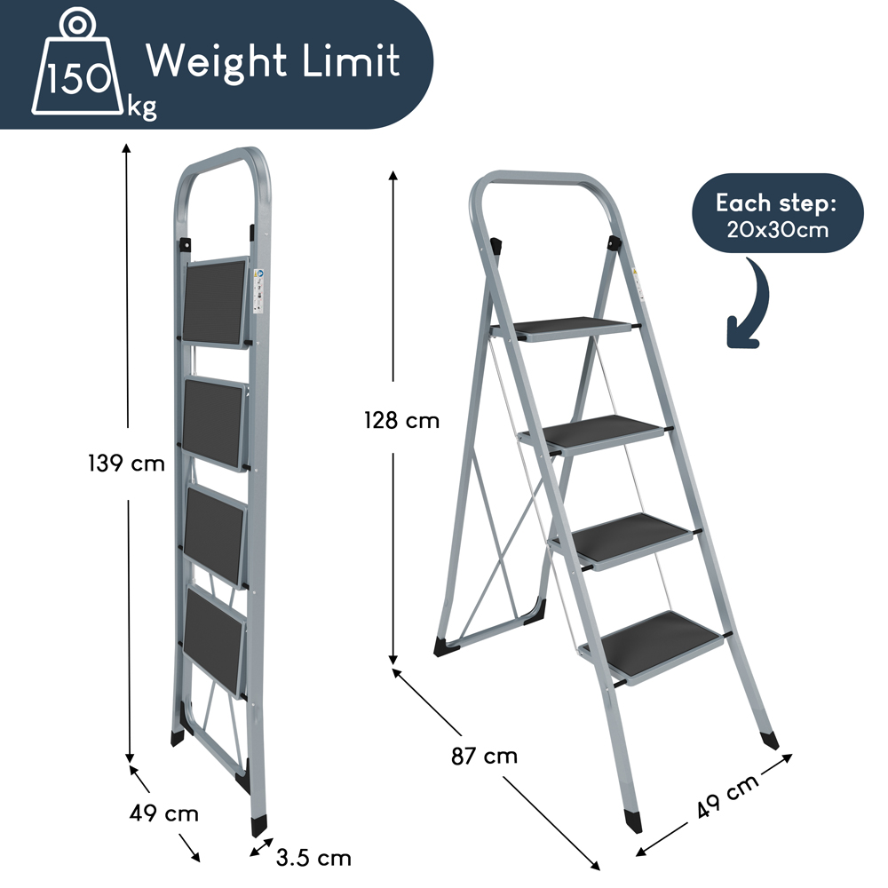 HOME VIDA 4 Step Grey Ladder with Anti Slip Mat Image 7