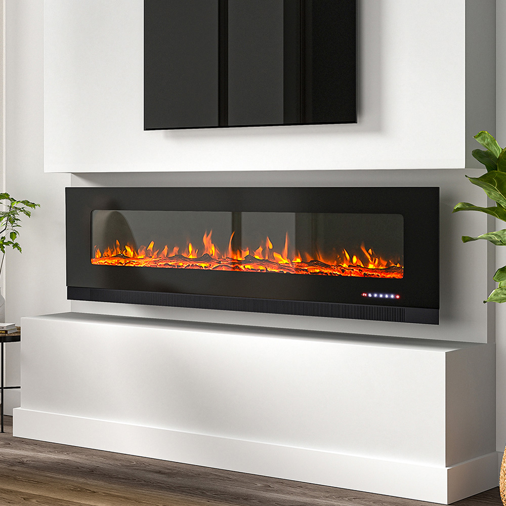 Living and Home Wall Mounted Recessed Electric Fireplace with Faux Log and Pebble Accents 72 inch Image 8