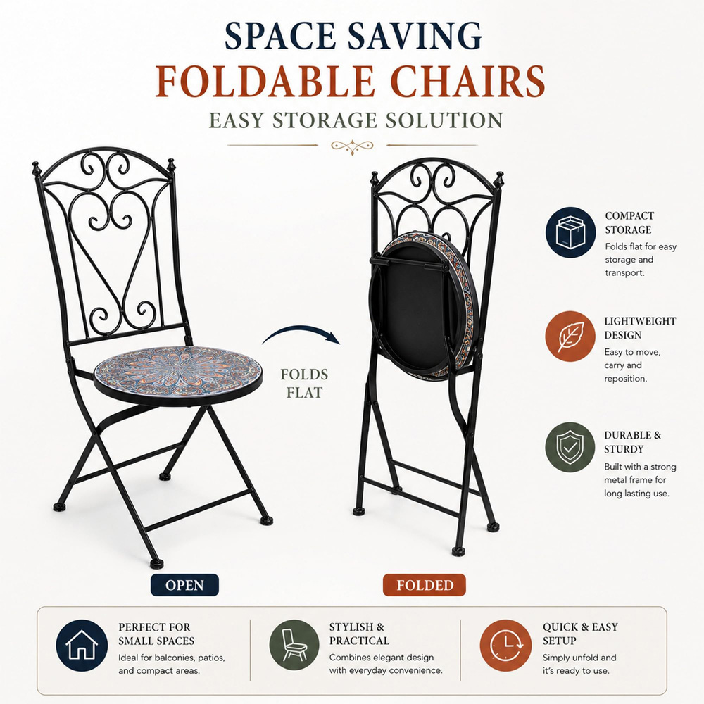 Shatchi Cairo 2 Seater Mosaic Ceramic Tile Top Foldable Bistro Set Image 3