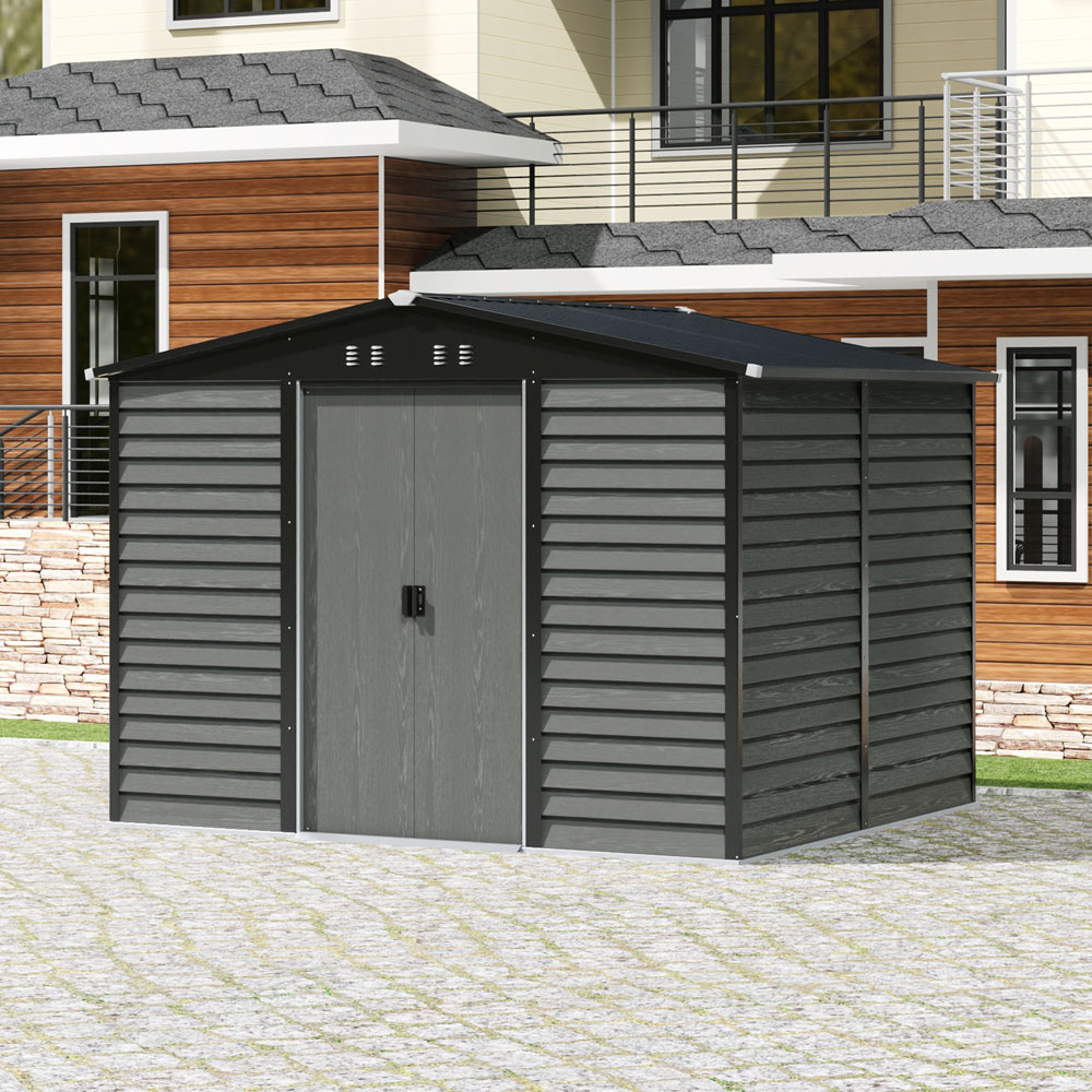 Living and Home 10 x 8ft Grey Wood Grain Apex Garden Storage Shed with Foundation Image 7