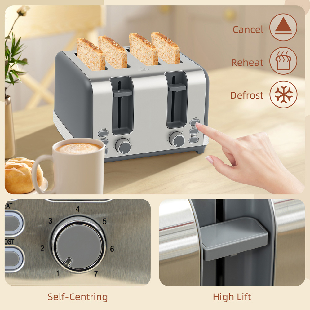 HOMCOM 800-267V70BK Grey 1.7L Quick Boil Kettle 3000W and 4 Slice Toaster Set Image 6