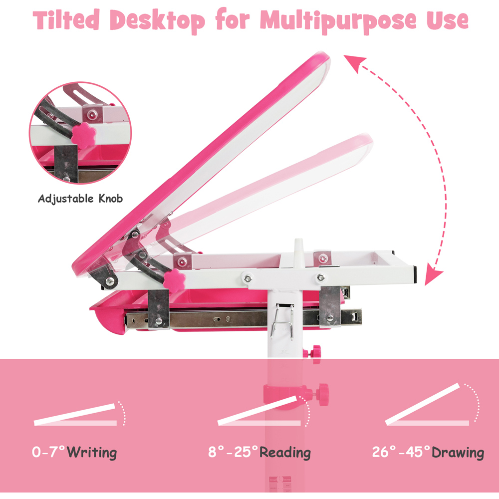 Costway Adjustable Pink Kids Study Table and Chair Set Image 5