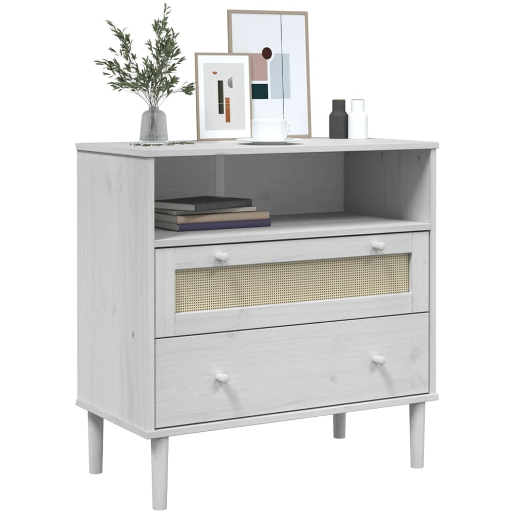 vidaXL Senja 2 Drawer Single Shelf White Solid Pine Wood Rattan Look Sideboard Image 3