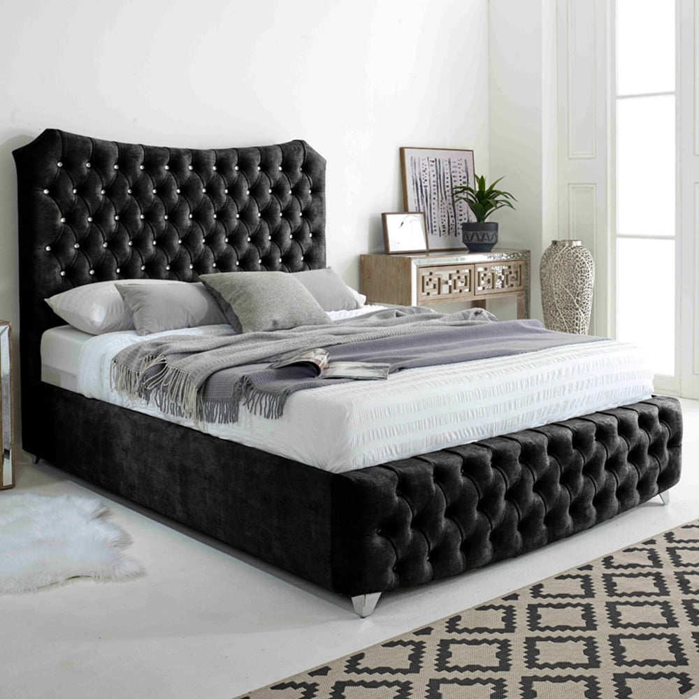 Eleganza Valentino Double Gunmetal Marble Fabric Bed Frame with Chesterfield Headboard and Footboard Image 1
