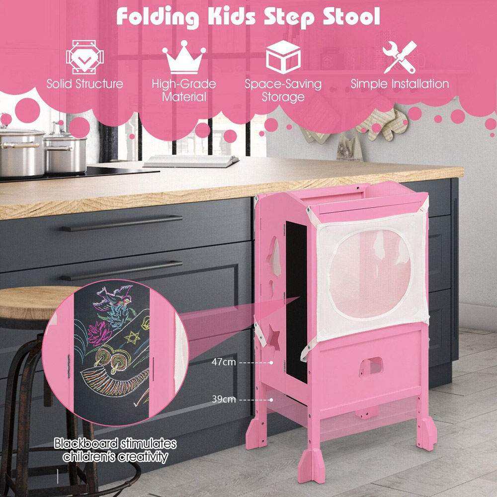 Costway Kids Pink Kitchen Step Stool with Blackboard Image 8