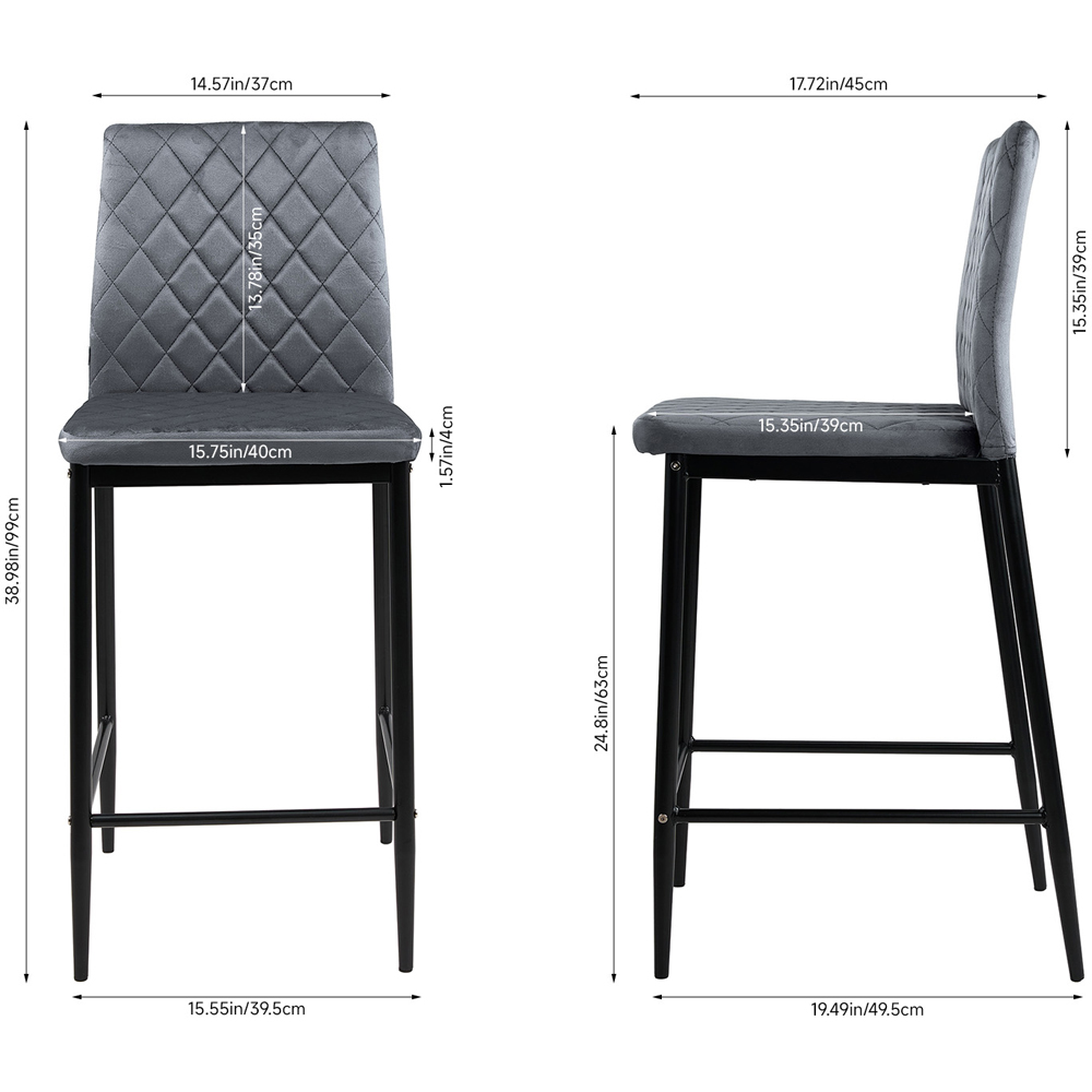 Living and Home Dark Grey Velvet Diamond Stitched Bar Stool Set of 2 Image 9