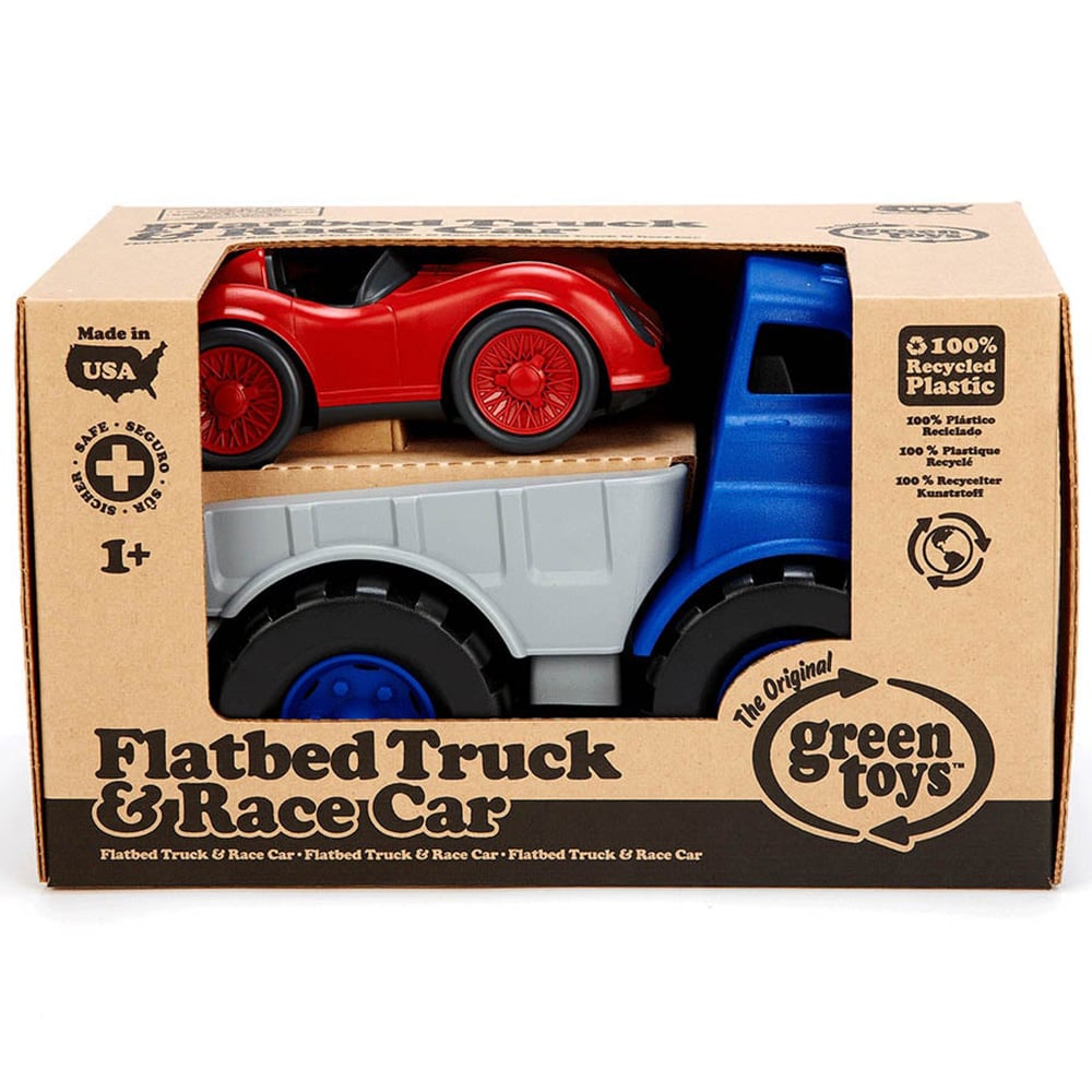 BigJigs Toys Green Toys Flatbed Truck and Race Car Image 4