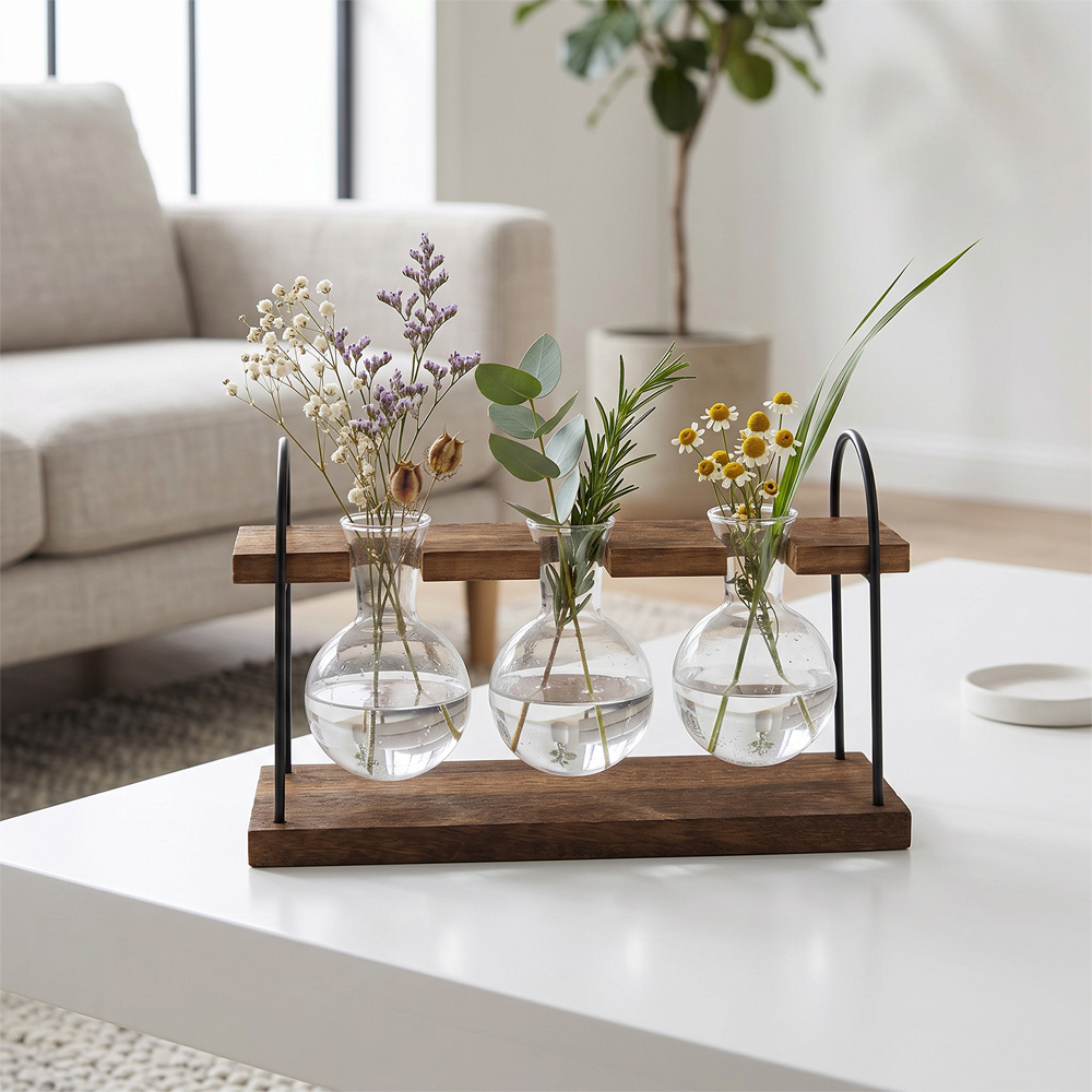 Living and Home 3 Piece Bulb Vase Set with Pine Wood Stand Image 2