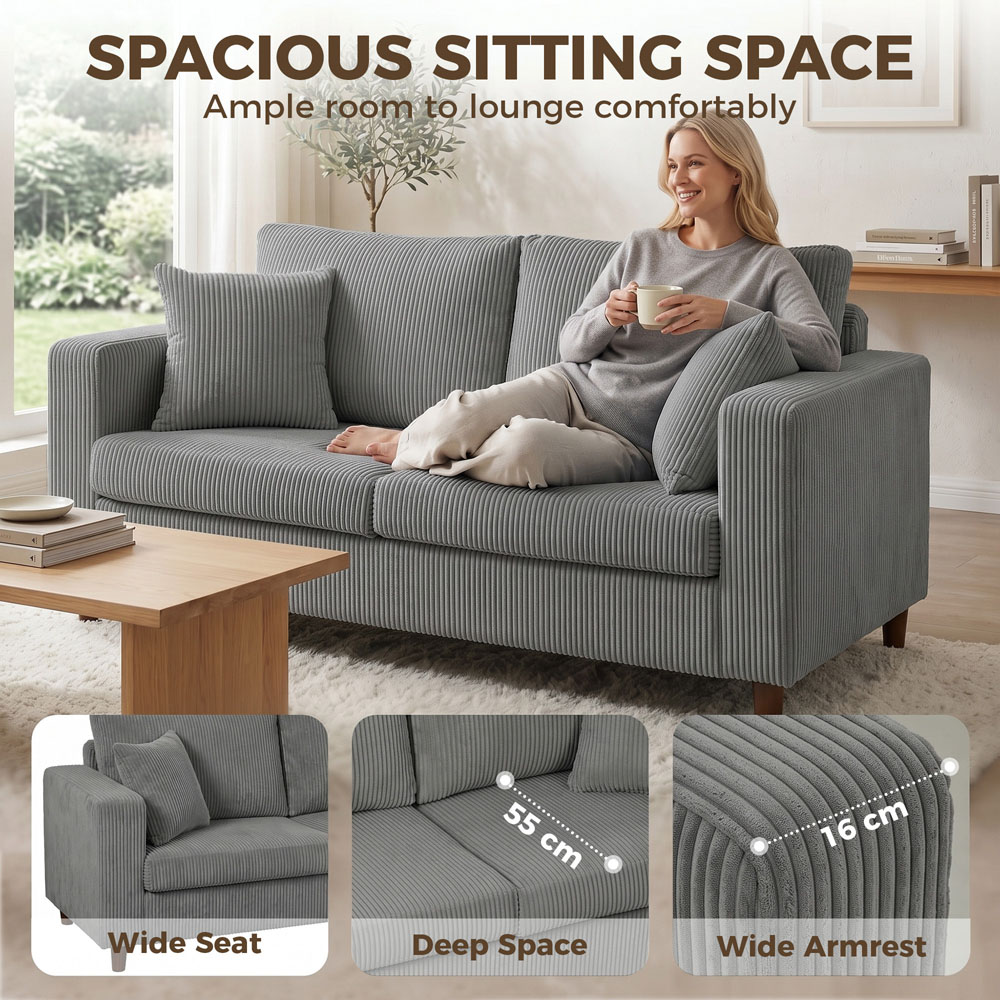 HOMCOM 2 Seater Light Grey Corduroy Upholstered Wide Seat Loveseat Sofa Image 4