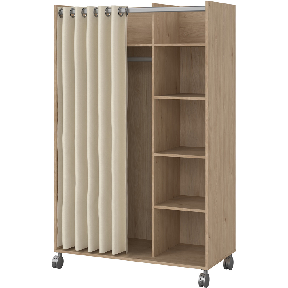 Florence Uppsala 6 Shelf Jackson Hickory Oak Open Mobile Wardrobe with Beige Textile Curtain Image 4