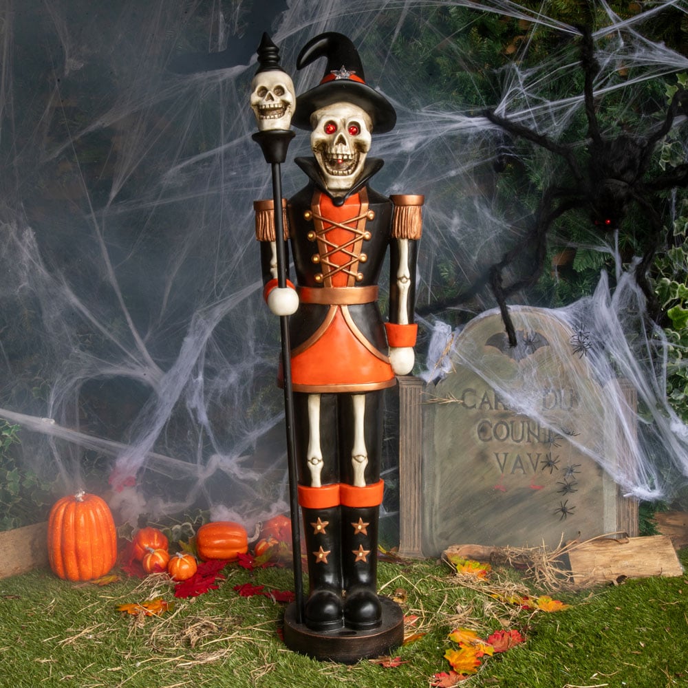 Orange and Black Skeleton Nutcracker with Skull Staff Halloween Decoration 4ft Image 2