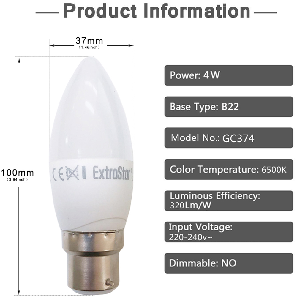 ExtraStar 10 Pack B22 4W Daylight LED Candle Light Bulb Image 4