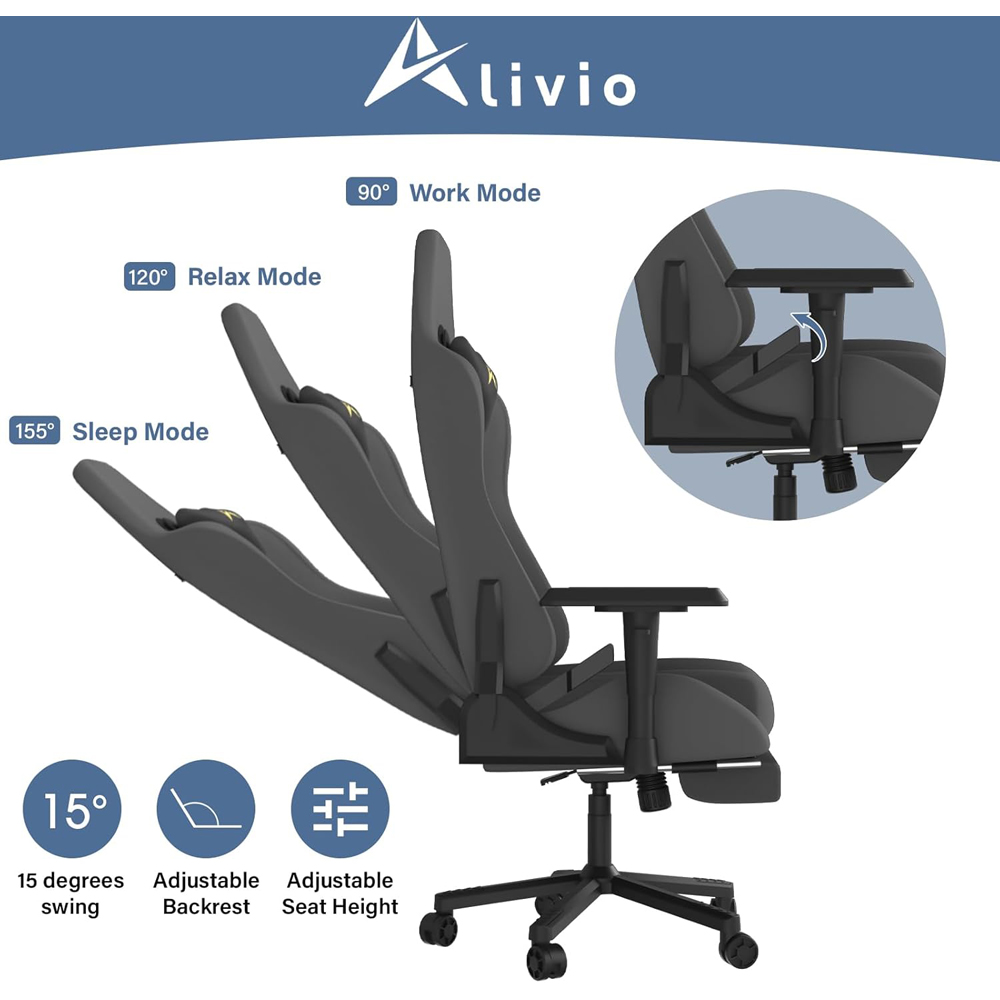 Alivio Grey Velvet Reclining Gaming Chair with Lumbar and Headrest Support Image 8