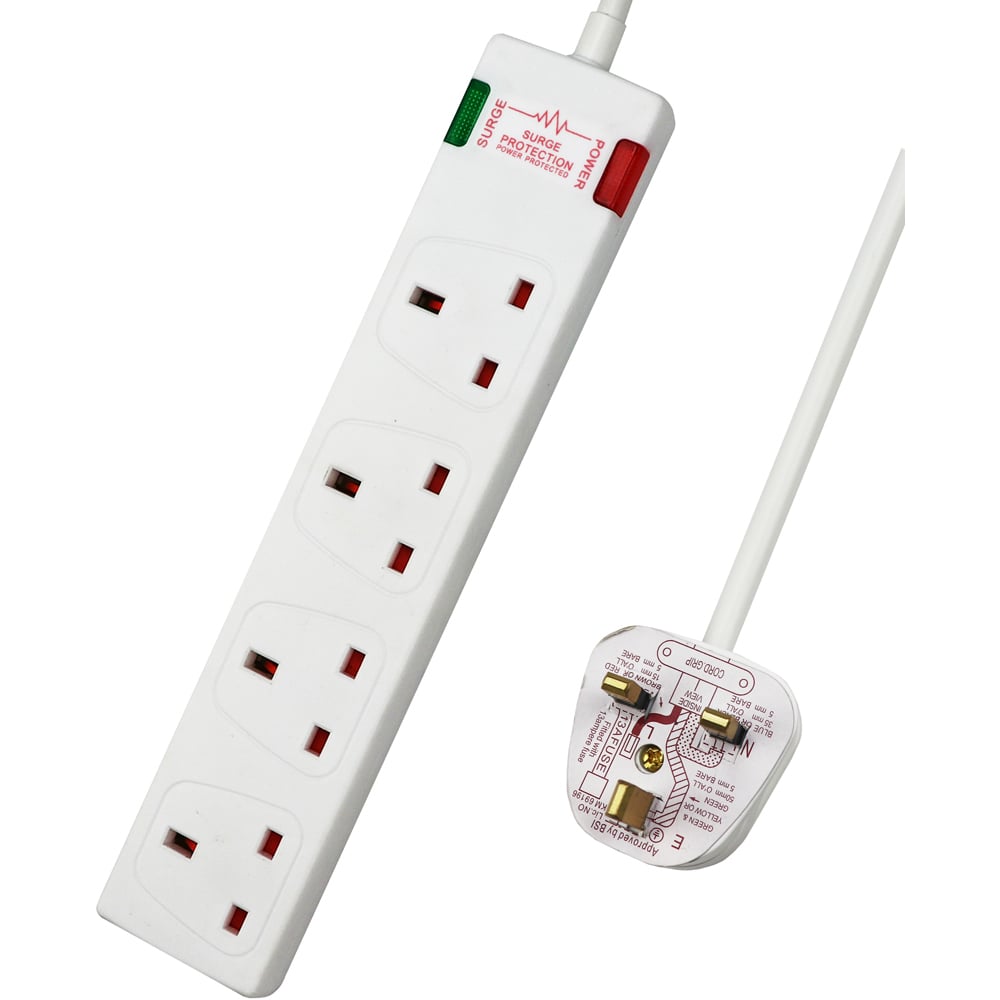 ExtraStar 13A 1m 2 Socket White Surge Protected Extension Lead Image 1