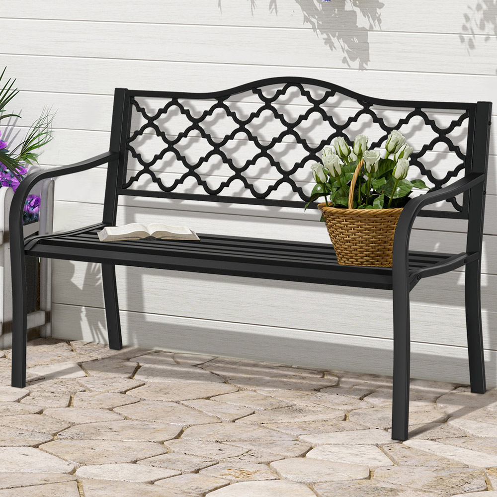 Outsunny 2 Seater Black Cast Iron Antique Bench with Armrest Image 1