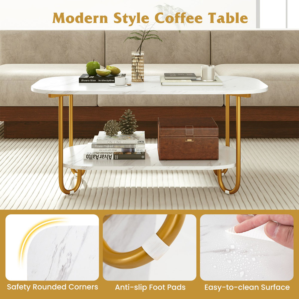 Costway Single Shelf White Faux Marble Coffee Table Image 8