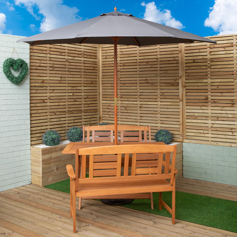 Samuel Alexander 4 Seater Wooden Rectangular Foldable Dining Bench Set with Grey Parasol and Base Image 1