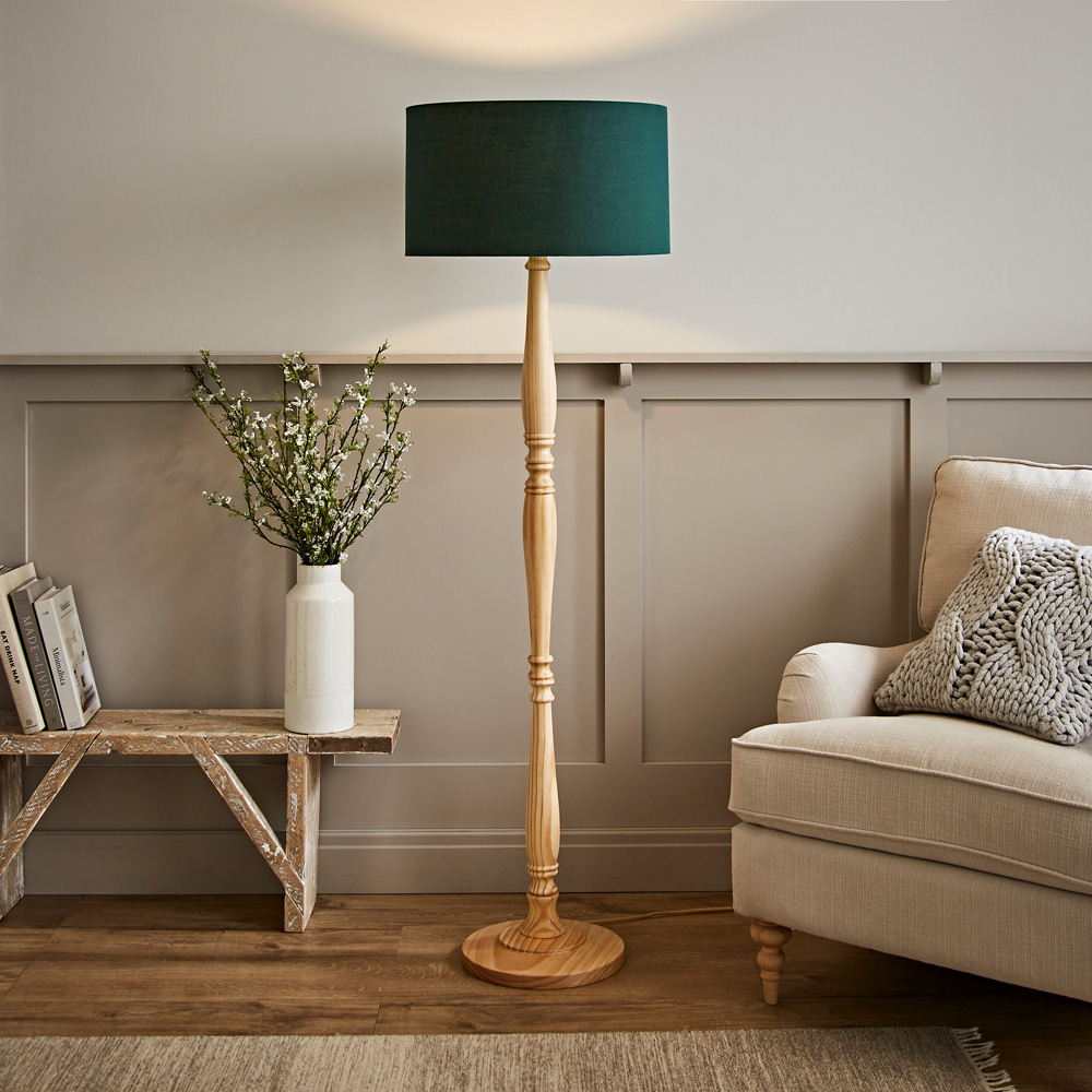 ValueLights Victoria Green Fabric Drum Shade Light Wood Traditional Stem LED Floor Lamp Image 2