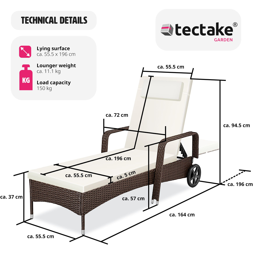 tectake Cassis Mixed Brown 6 Level Adjustable Sun Lounger with Removable Headrest and Wheels Image 8