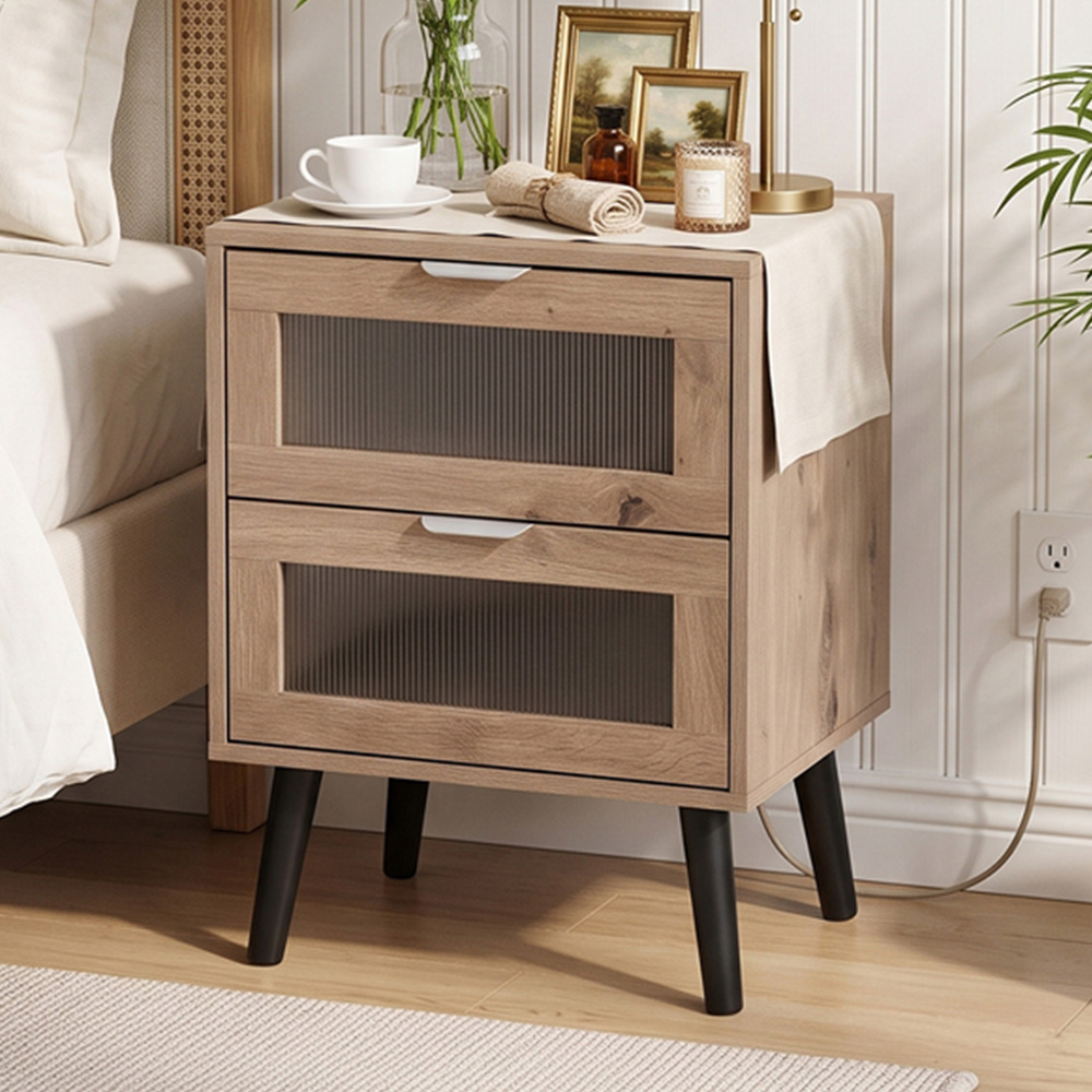 Living and Home 2 Drawer Light Wood Grain Acrylic Bedside Table Image 1