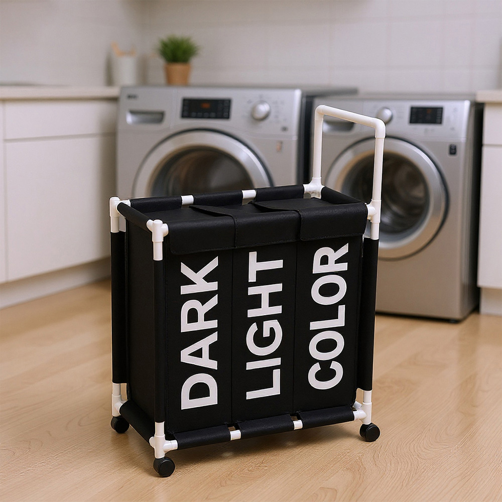 Living and Home 3 Compartment Black Laundry Basket with Wheels 110L Image 7