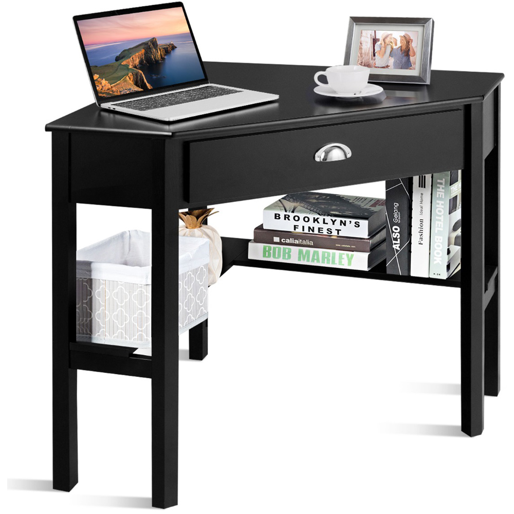 Costway Single Drawer 2 Shelf Black Corner Side Table Image 2