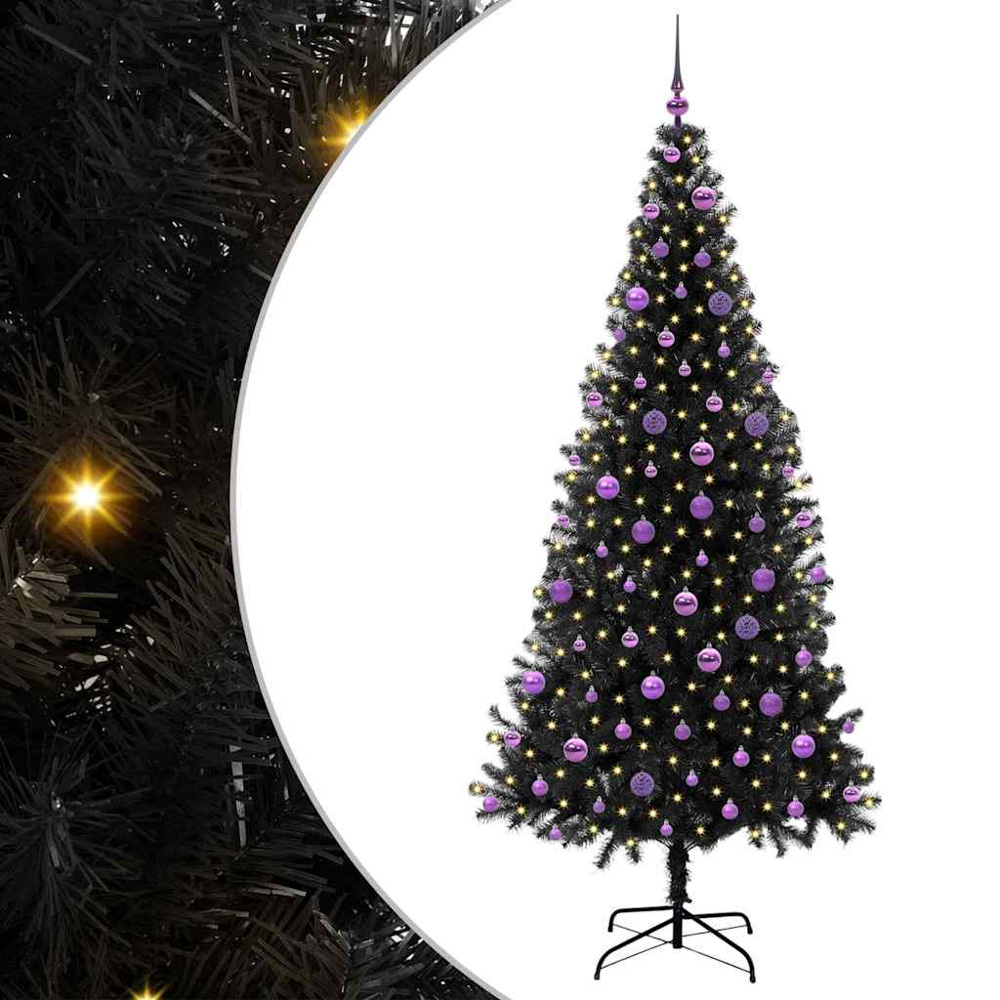 vidaXL Pre-Lit Lilac Baubles Black Artificial Christmas Tree 7ft Image 2