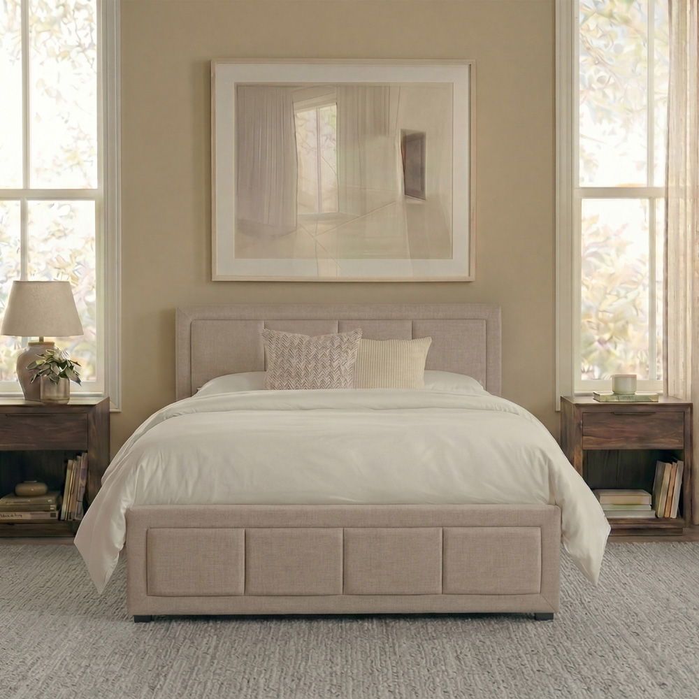VIDA DESIGNS Vanita Single Beige Linen Ottoman Bed with Padded Headboard Image 3