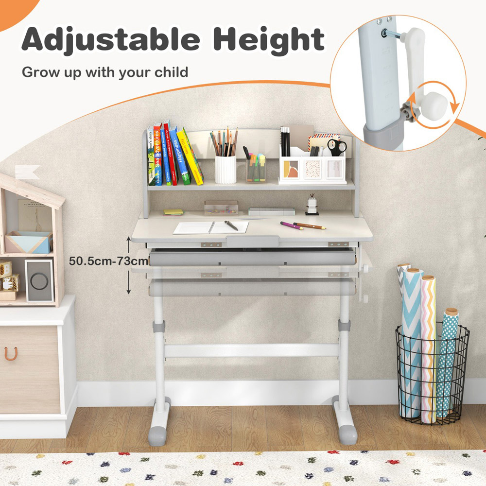 Costway Kids Single Drawer 2 Shelf Adjustable Tilted Desk Grey Image 7