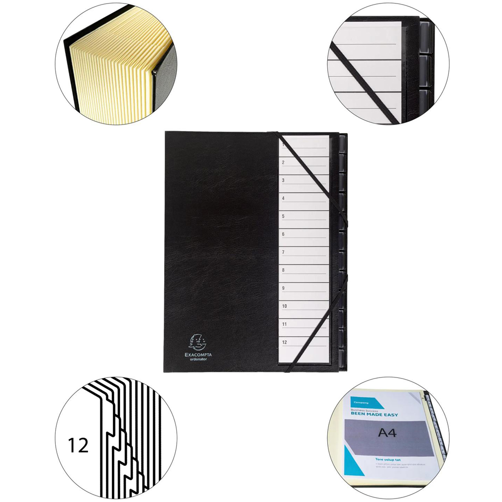Exacompta A4 12 Tab Black Multipart File with Elastic Strap Image 6