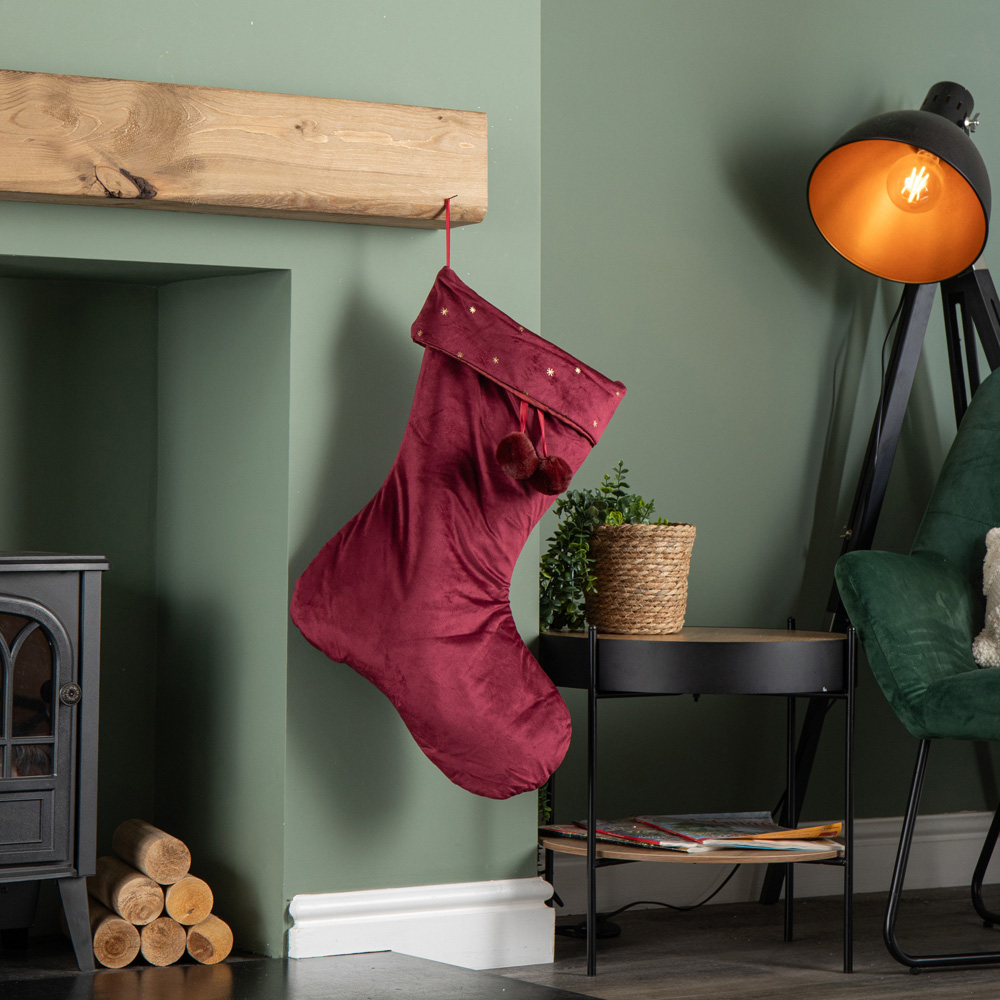 Samuel Alexander Burgundy Velour Star Print Christmas Stocking with Pom Poms 70cm Image 2