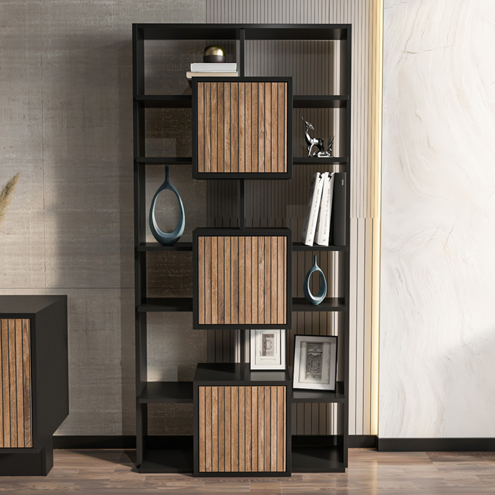 Decorotika Monaco 3 Door 12 Shelf Black Alina Bookcase Image 1
