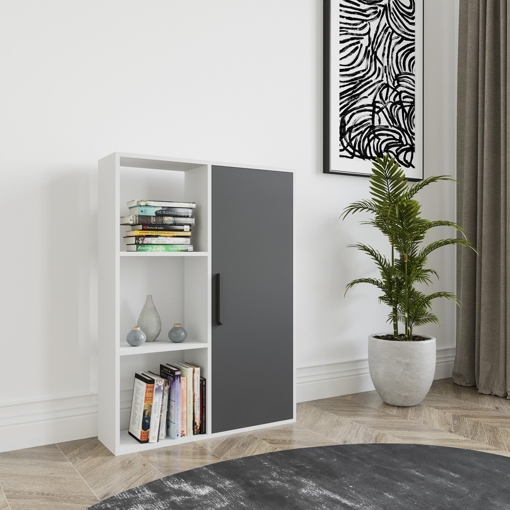 Decorotika Patrick Single Door 3 Shelf White and Anthracite Bookcase Image 3