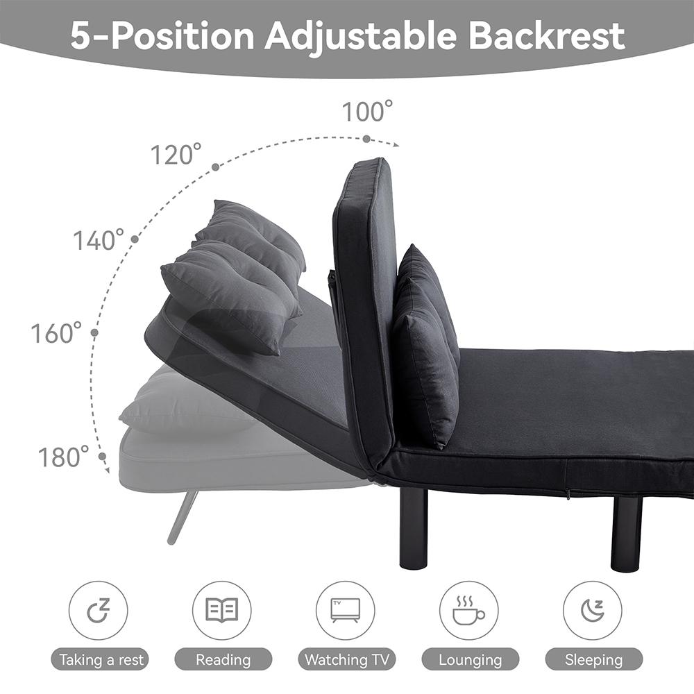 2 Seater Black 4-in-1 Foldable Sofa Bed with Adjustable Backrest and Large Cushion Image 6