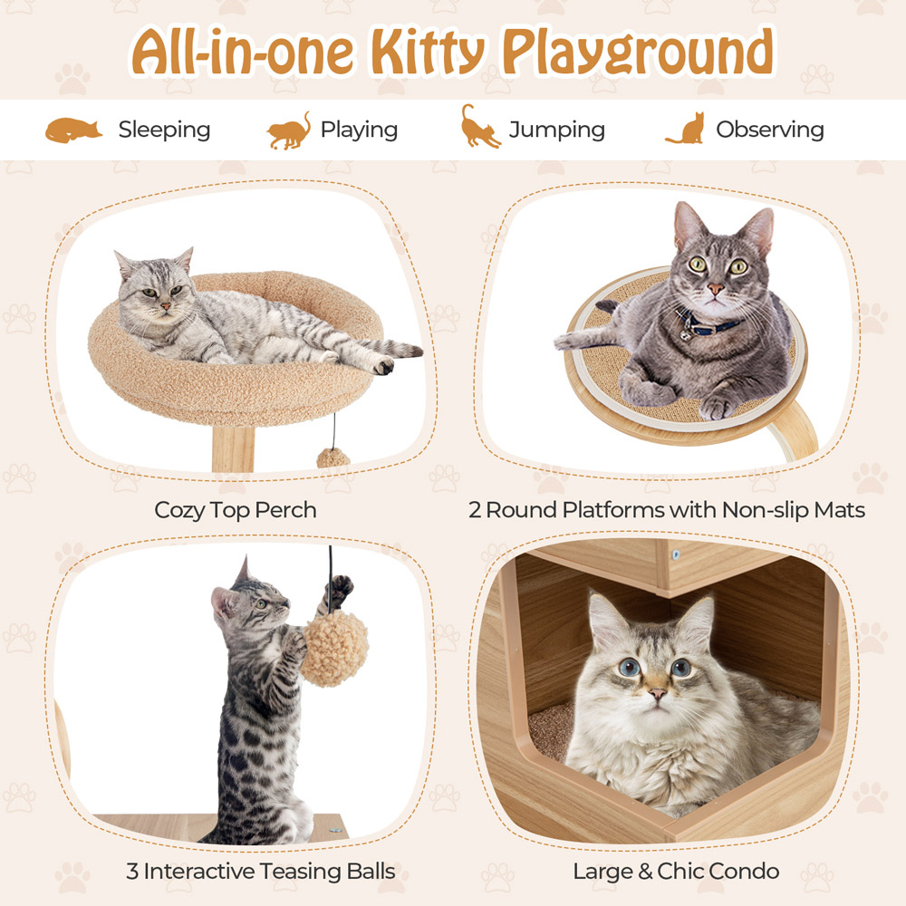Costway Natural Wooden Cat Tree with Solid Wood Post 130cm Image 8