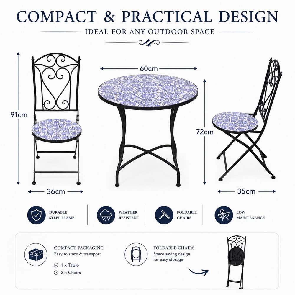 Shatchi Porto 2 Seater Mosaic Ceramic Tile Top Foldable Bistro Set Image 9