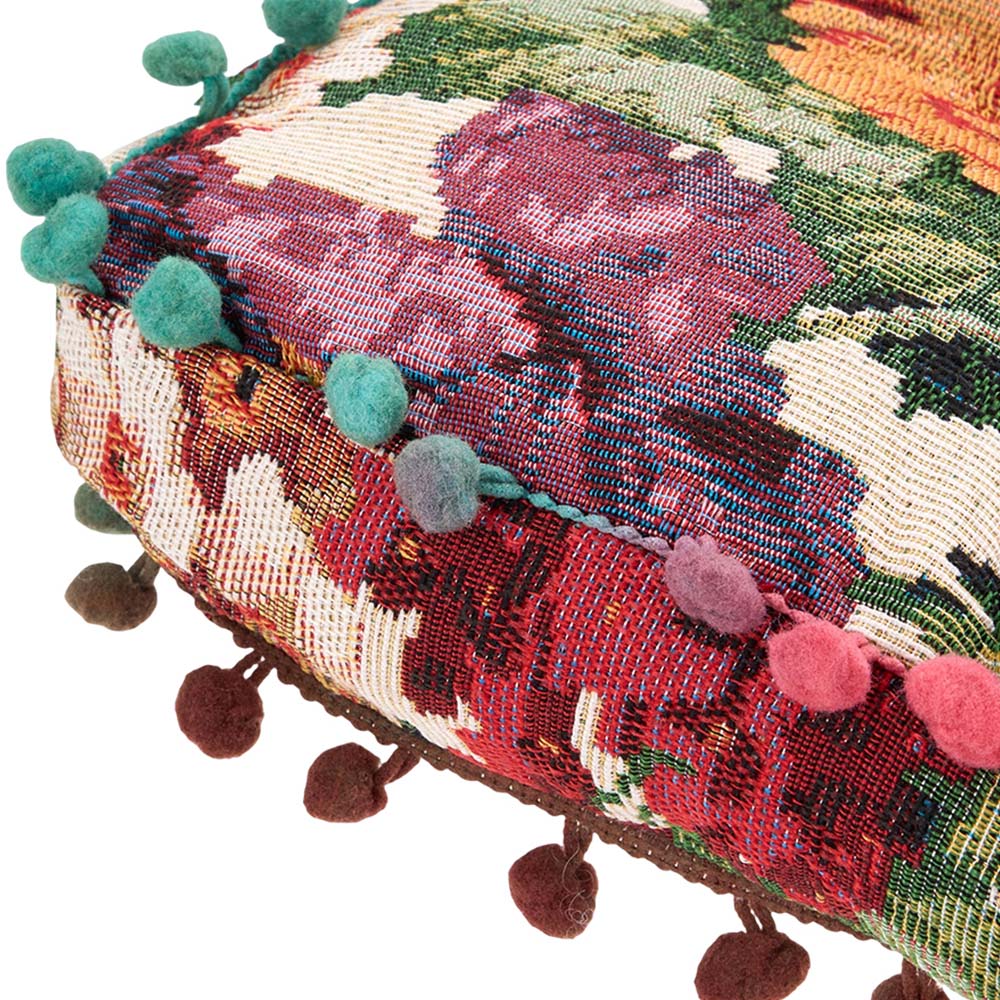 Living and Home Beige Vintage Floral Embroidered Tatami Seat Cushion with Pom Poms 40 x 40cm Image 6