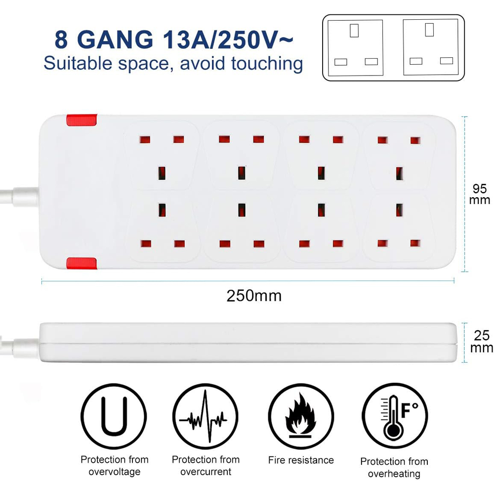 ExtraStar 13A 2m 8 Socket Child Resistant White Extension Lead with Indicate Light Image 5