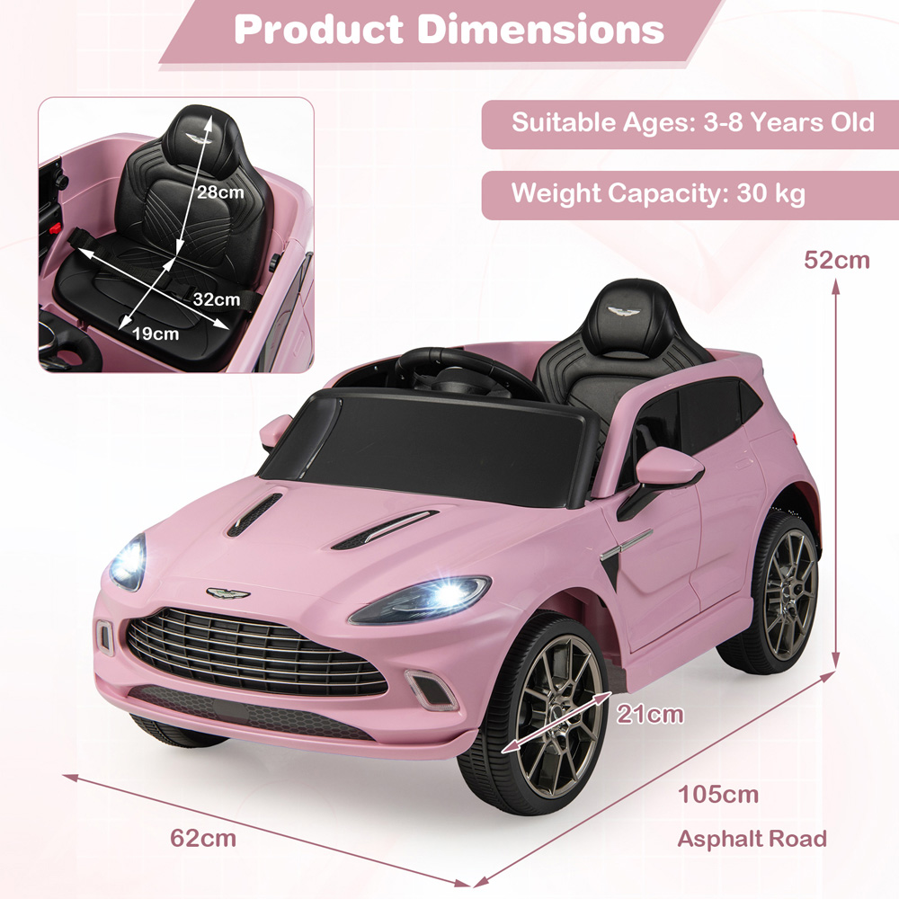Costway Kids Pink Licensed Aston Martin Ride On Car with Horn and Taillight 12V Image 8