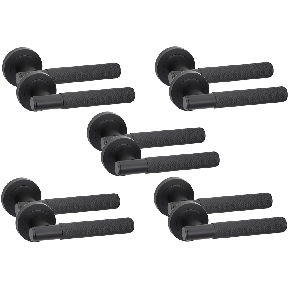 Golden Grace Knurled T-Bar Matt Black Door Handles Set 5 Pack Image 1