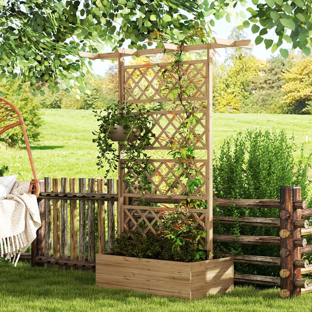 Outsunny Natural Wooden Raised Garden Bed Planter with Trellis 183 x 55 x 160cm Image 2