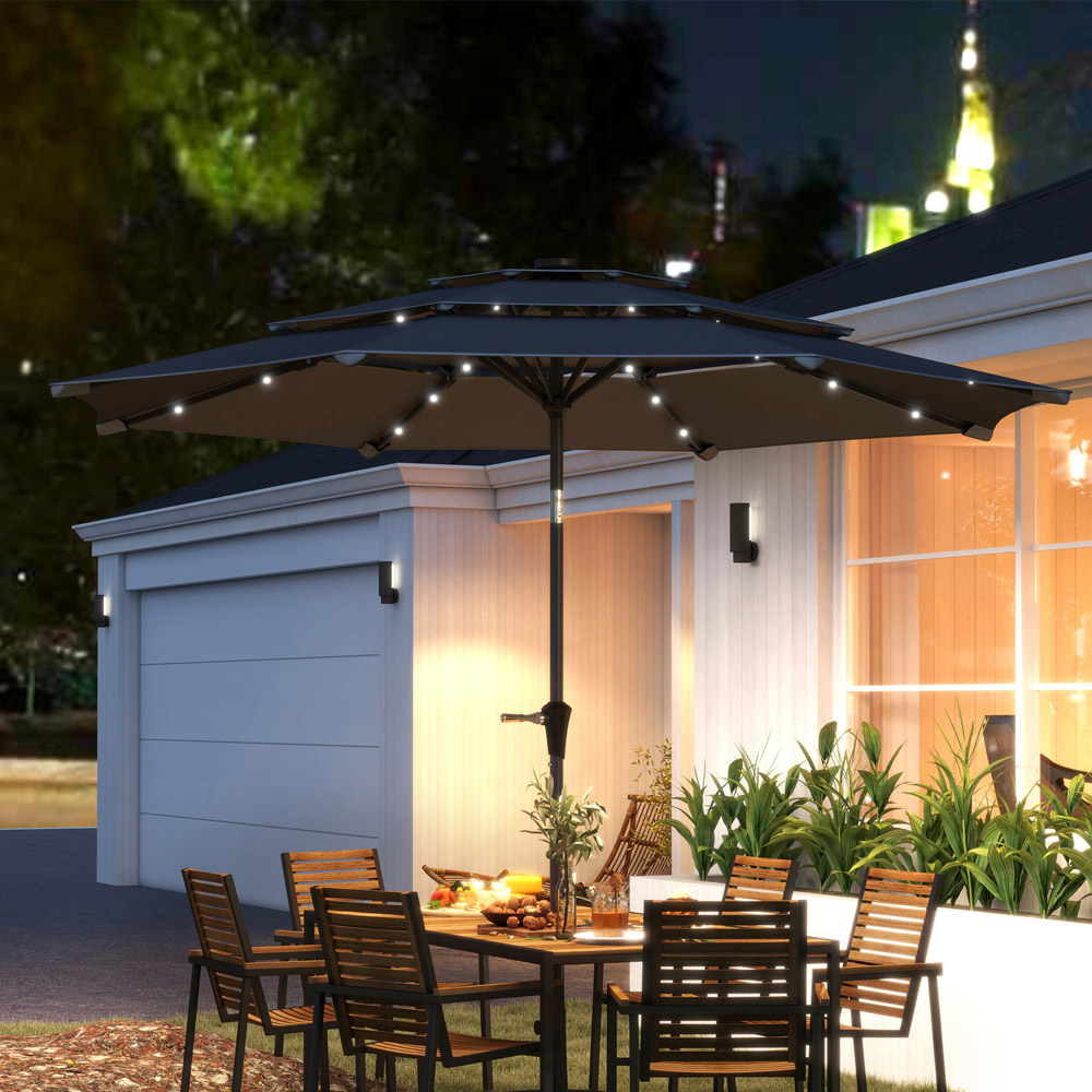 Outsunny Grey 3 Tier Crank and Tilt Parasol with Solar LED 2.61m Image 2