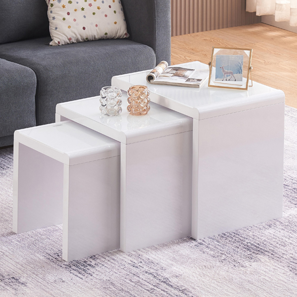 Comfy Living White High Gloss Glass Nest of Tables Set of 3 Image 1