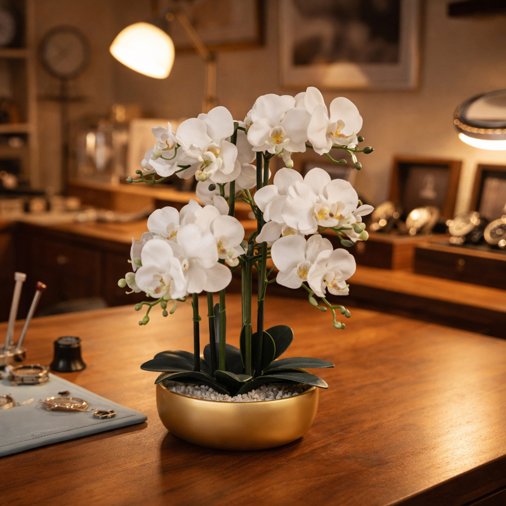 Leaf White Orchid Artificial Plant in Gold Ceramic Planter 2ft Image 2