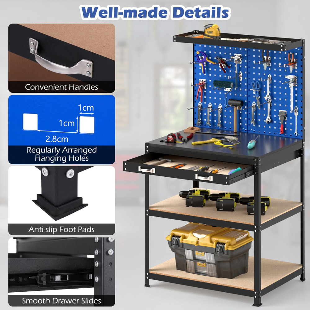 Costway Navy Workbench with Pegboard and Shelves 81 x 41cm Image 6
